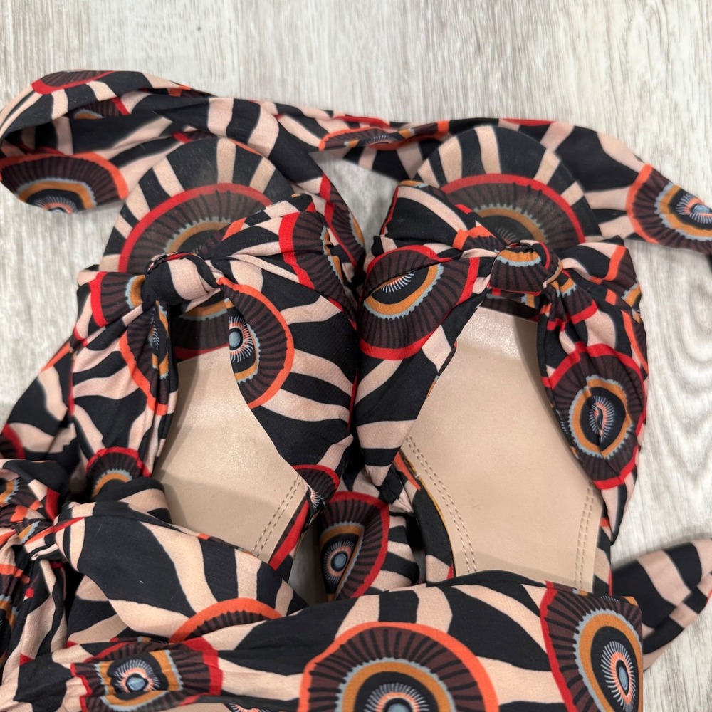 Impo Wedge Heels Ankle Wrap Fabric Tie Black Orange Pattern‎ Party Shoes - Picture 5 of 5
